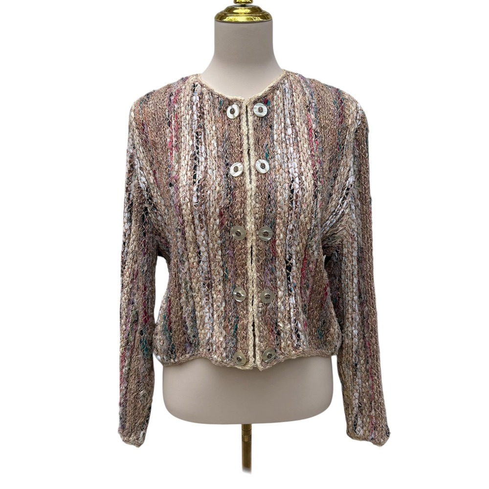 VTG Estelle Gracer Ribbon Knit Cardigan L Brown OOAK Metallic Cropped Jacket S/M - Picture 2 of 13